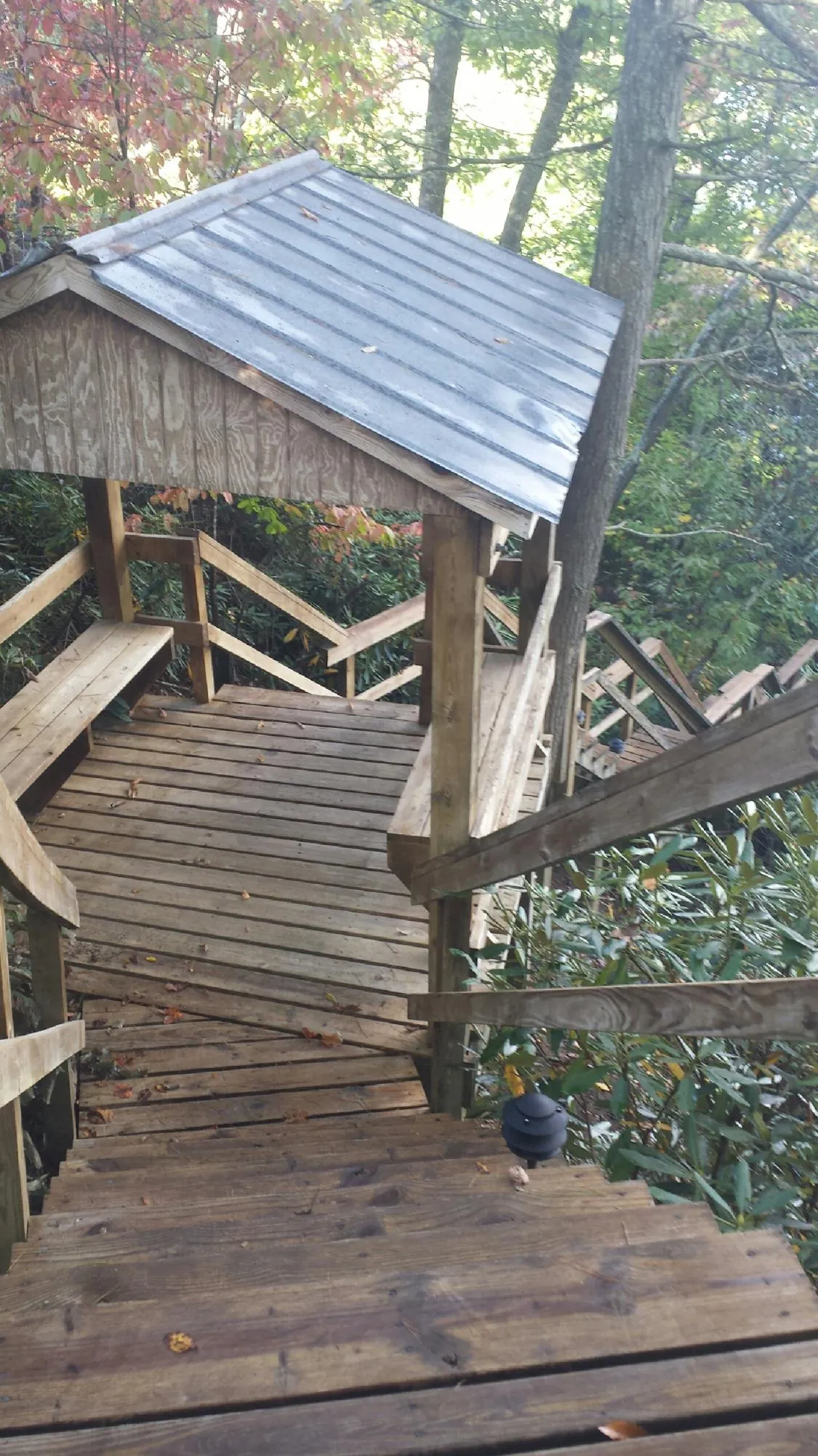 Metal roofed shelter over wooden steps on a wooded walkway — Skylight Repair & Installation work by our crew in Rhinecliff